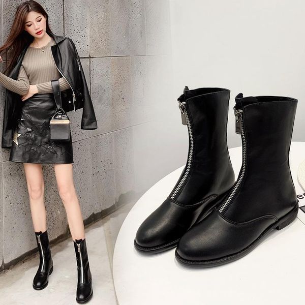 

boots black&white women front zipper low heels riding botas round toe british motorcycle short botines slim brief woman footwear