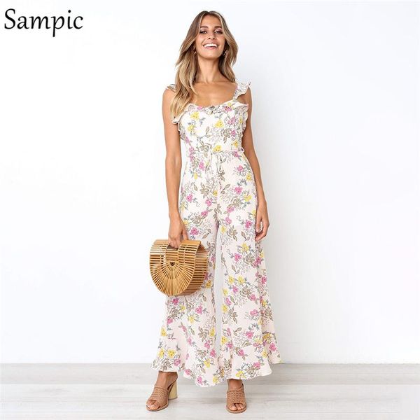 

women's jumpsuits & rompers sampic summer wide leg chiffon off shoulder jumpsuit strap print ruffles elegant for women 2021, Black;white
