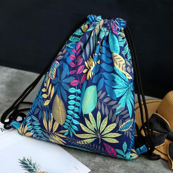 

drawstring women canvas pouch bag shoes portable organizer sport outdoor shoulder storage backpack multi use floral print travel
