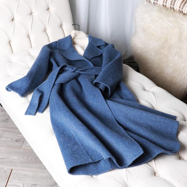 

women's wool & blends 2021 100% coat woolen coats solid women long winter spring jacket outerwear sashes fashion warm, Black