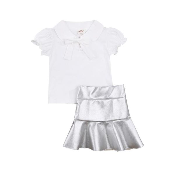 

clothing sets girl's 2pcs clothes suit lapel bowknot sleeveless t-shirts pu leather skirt summer outfits for birthday party vacation, White