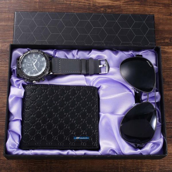 

wristwatches xsvo mens fashion trend sports wrist luxury quartz watches personality boutique set belt watch + glasses wallet, Slivery;brown