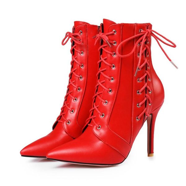 

boots ochanmeb 10cm stiletto high heels women booties punk cross tied lace up ankle boot woman autumn winter black red white shoe