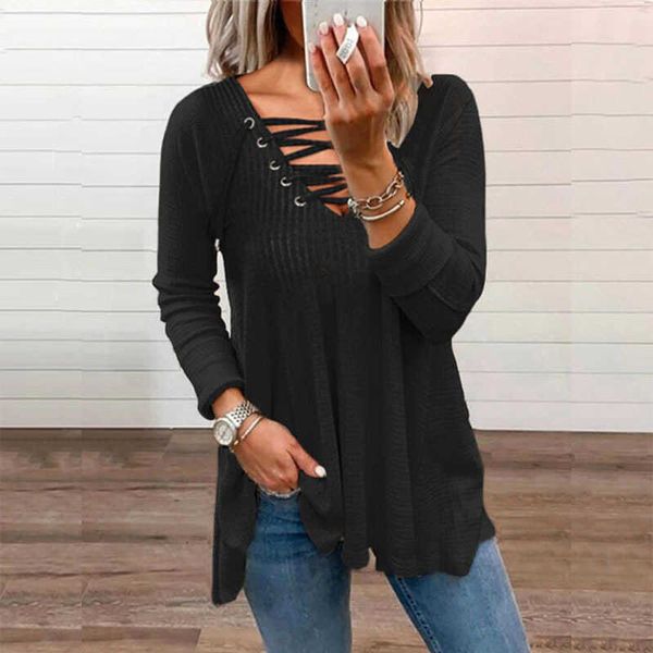 

2021 autumn women's long sleeve slim bandage v-neck t-shirt, White