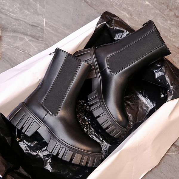 

boots ankle for women autumn motorcycle thick heel platform shoes woman slip on round toe fashion boot, Black