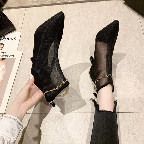 

women's sandals summer metal chain with women cold boots high heels zip closed back party shoes gauze, Black