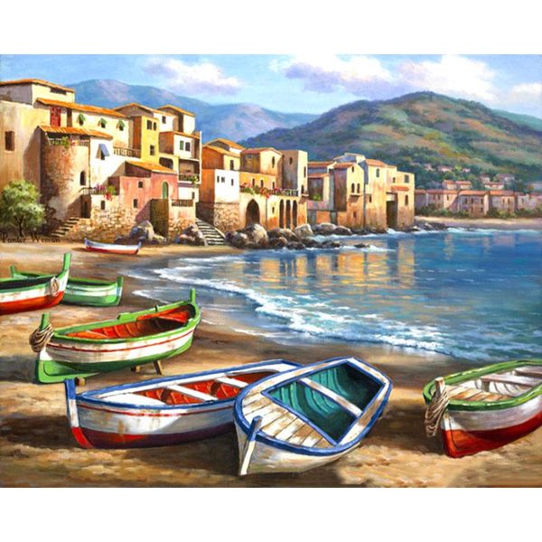 

paintings landscape painting by number seaside city diy kits color drawing frame on canvas picture numbers for adults home decoration