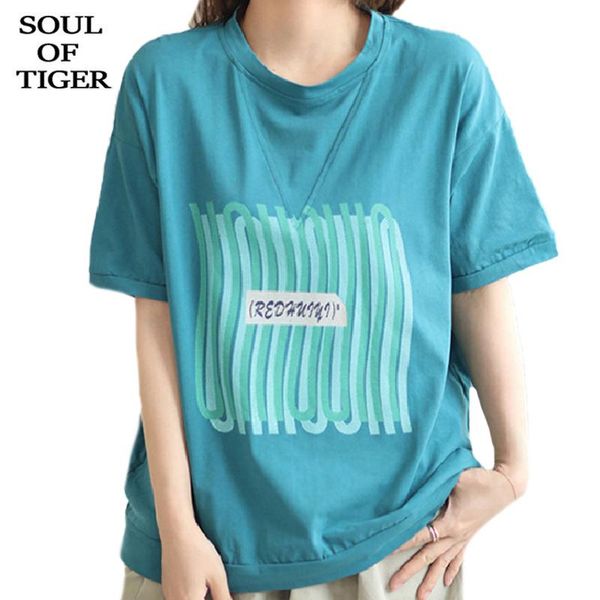 

women's t-shirt soul of tiger summer british style women printed blue loose t-shirts ladies casual o-neck tee girls short sleeve plus, White
