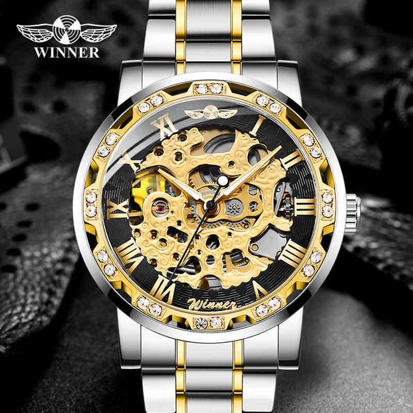 

hand winner luxury human fashion wind mechanical watch stainless steel light-emitting brain wars relogio masculino, Slivery;brown