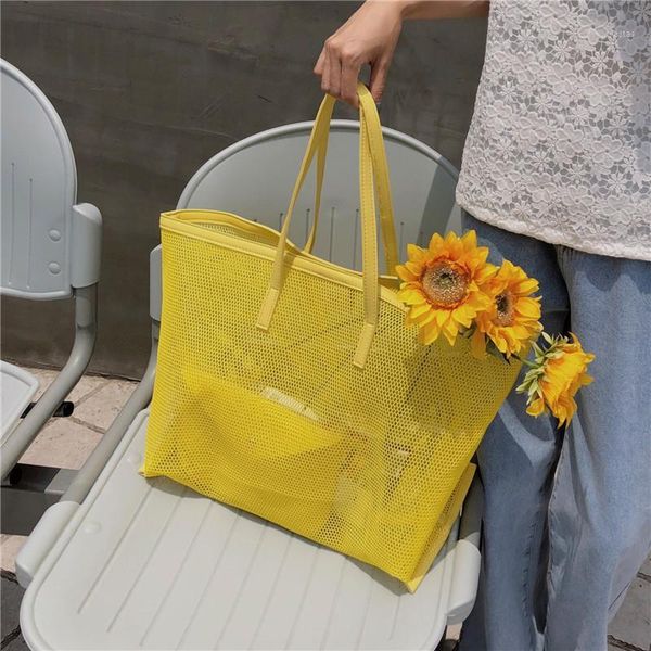 

evening bags 2021 hollow mesh beach bag large capacity tote yellow summer swimming travel big shopper lightweight1