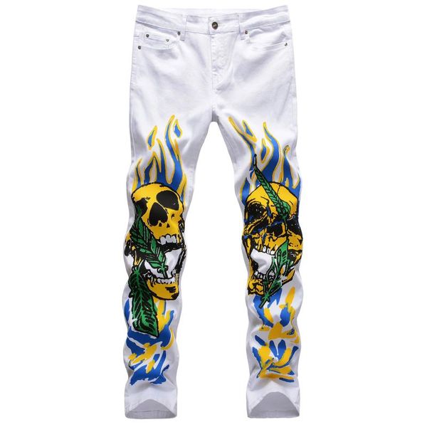 

men's jeans jas fashion stretch slim fit 3d color print black white trousers flame skull graffiti street men denim pants, Blue