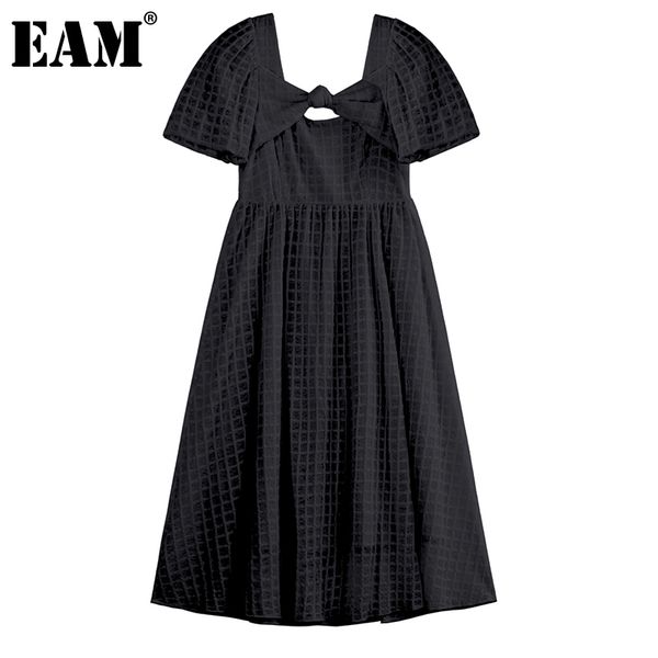 

[eam] women plaid pleated hollow out bow backless dress square neck short sleeve loose fashion spring summer 1dd7895 21512, Black;gray