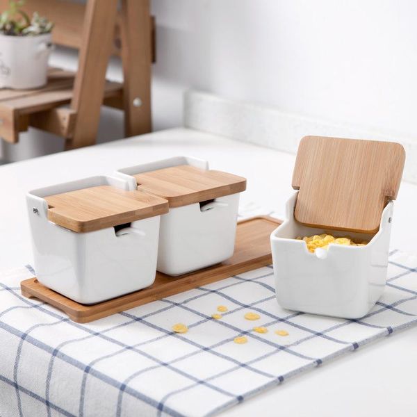 

storage bottles & jars ceramic spice salt seasoning pot porcelain box bamboo cover and stickers kitchen containers organizer tools