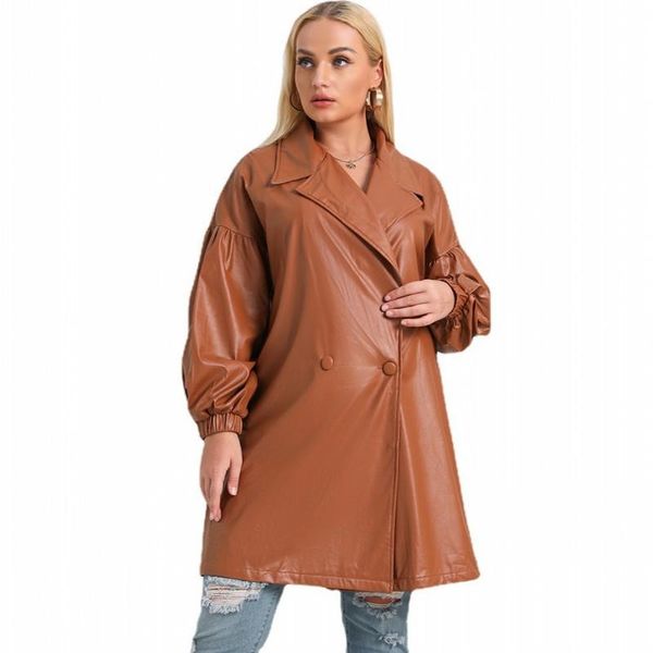 

women's jackets pu leather jacket women cardigan notched neck lantern sleeve outwear autumn winter solid streetwear long coat, Black;brown
