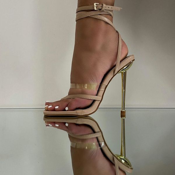 

slippers women gladiator sandals shoes ankle strap metal high heels summer party dress buckle pumps size 42 fue7, Black