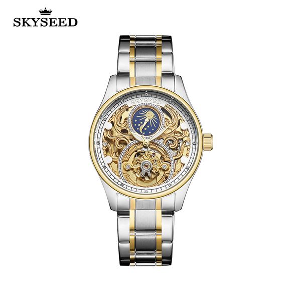 

sky watch flywheel bottom, sun moon classic carved dial sapphire mirror waterproof 40mm men's automatic mechanical watch, Slivery;brown