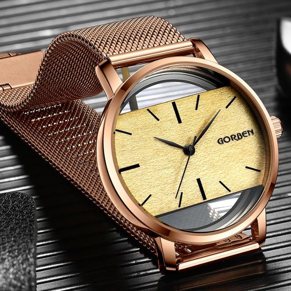 

wristwatches gorben rose gold men watch stainless steel mesh band wristwatch ultra-thin transparent minimalist wooden dial quartz male clock, Slivery;brown