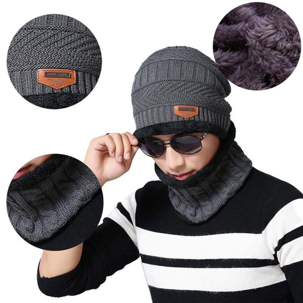 

hats, scarves & gloves sets fleece warm knit scarf cap neck warmer winter windproof hats for men wool caps fashion, Blue;gray
