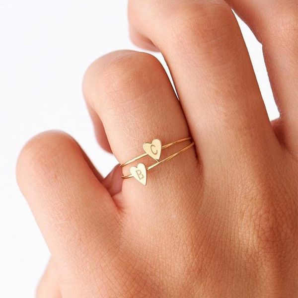 

cluster rings 2021personalized a-z 26 letters initial tiny heart for women gold color finger hand stamped stacking jewelry, Golden;silver