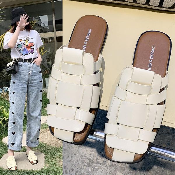 

cover toe flat shoes female mules for women 2021 pantofle ladies' slippers luxury slides designer pu rome bonded leather bas, Black