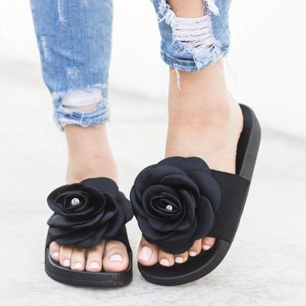 

slippers women platform slipper fashion flower design slip on casual lovely 2021 summer beach outdoor flat shoes female, Black