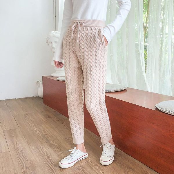 

women's pants & capris casual thick warm twist knit small feet harem loose nine-point elastic waist pure color elegant, Black;white