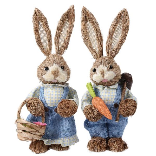 

2pcs cute straw rabbits decorations easter party home garden wedding ornament po props crafts favor