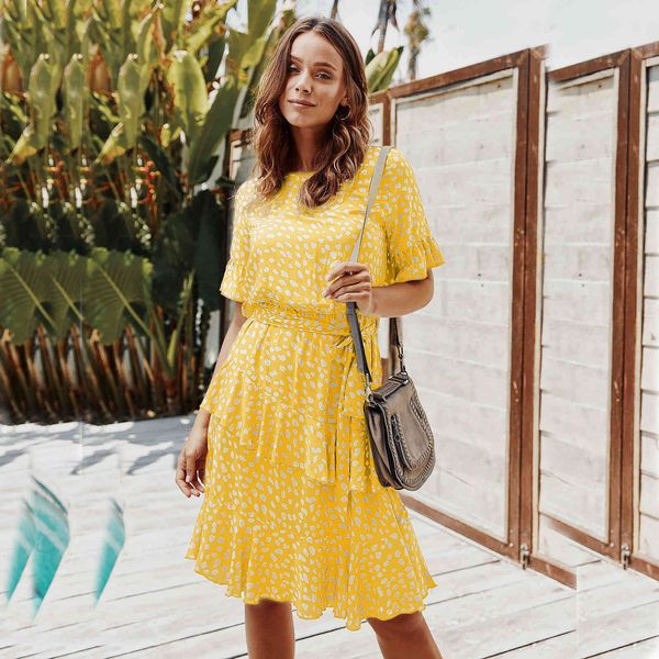 

dot print o-neck women dress summer slim betterfly sleeve elastic waist a-line pleated boho style summer 210524, Black;gray