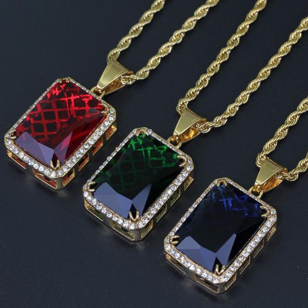 

chains 316l stainless steel rope chain faux square onyx black red stone pendant necklace mens iced out micro pave cz hip hop jewelry, Silver