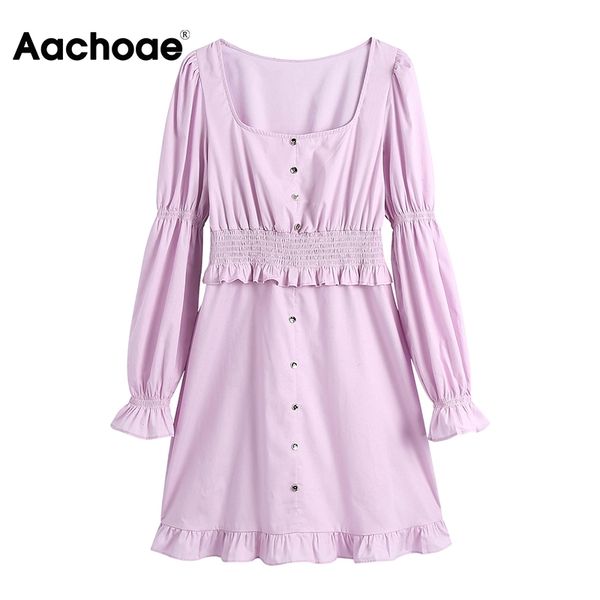 

women sweet ruffles pink mini dresses elastic waist a line elegant square collar long sleeve chic dress robe femme 210413, Black;gray