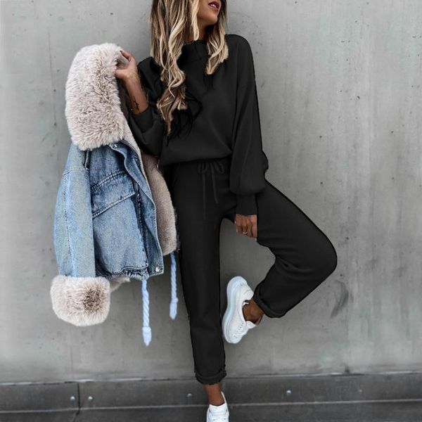 

women's two piece pants solid color high-neck long-sleeved casual suit ropa mujer roupas femininas com frete gratis ensemble femme crop, White
