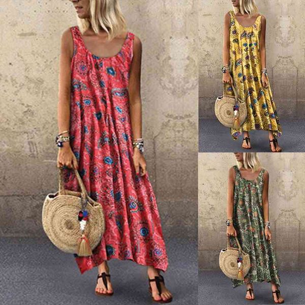 

sundress women summer dress floral printing boho dress plus size casual loose sleeveless tank long maxi robe longue, Black;gray