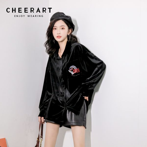 

autumn black velvet blouse long sleeve loose letter embroidered shirt oversized casual fall women fashion 210427, White