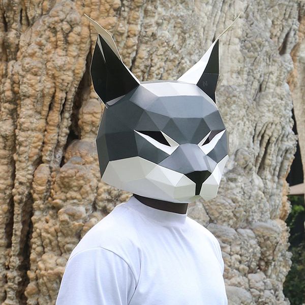 Costume da bambola mascotte Carta 3D Animale Lince Zibetto Gatti Maschera per la testa Copricapo Puntelli di Halloween Donna Uomo Gioco di ruolo per feste Vestire Maschere artigianali fai-da-te