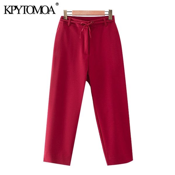 

women fashion with tied straight red pants vintage high waist zipper fly female ankle trousers mujer 210421, Black;white