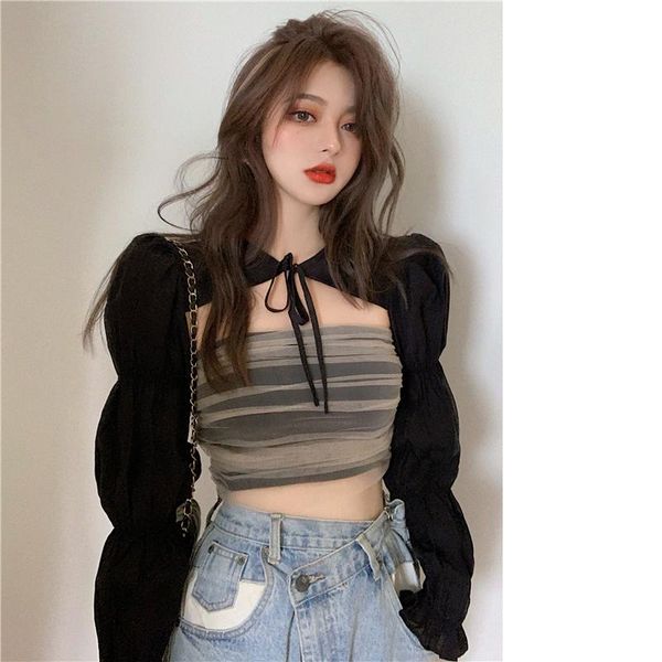 

women's blouses & shirts black puff sleeve tie front women blouse casual short crop fashion blusas outwear slim clothes xc552, White