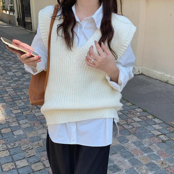 

women's sweaters 2021 arrival casual sports all-match computered knitted v-neck pullover wide-waist spring/autumn vest sweater, White;black