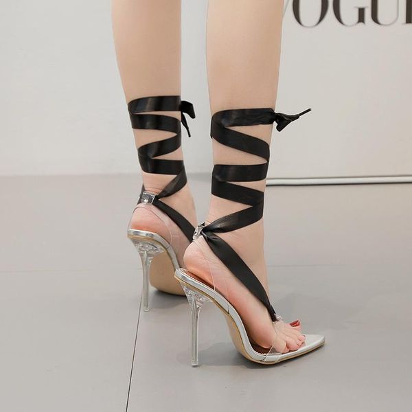 

women's pumps cross straps crystal with high heel sandals pointed shoes for girl pvc qulity, Black