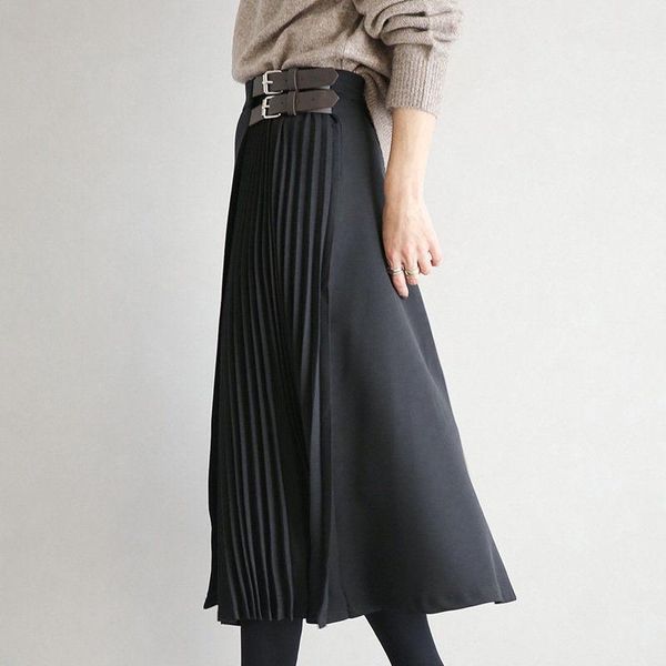 

skirts women 2021 spring summer fashion elegant high waist a-line skirt female casual pleated midi ladies chic faldas f374, Black