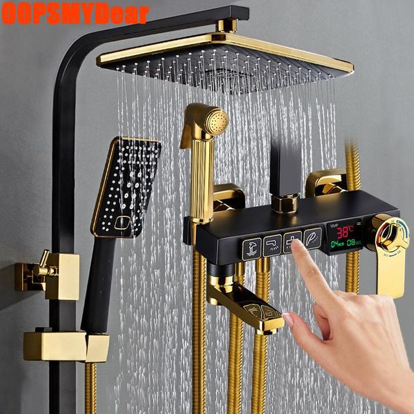 

thermostatic digital shower set bathroom cold smart system wall mount square head bath faucet spa rainfall luxury tap sets