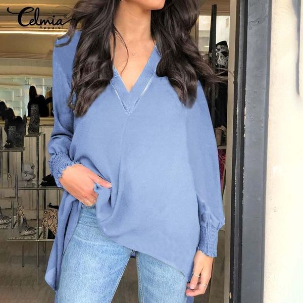 

women's blouses & shirts women autumn celmia fashion long sleeve asymmetrical tunic v-neck casual solid party blusas mujer stvz, White