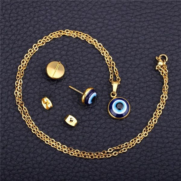 

earrings & necklace stainless steel blue eye pendant stud jewelry set for women gold silver color chain fashion
