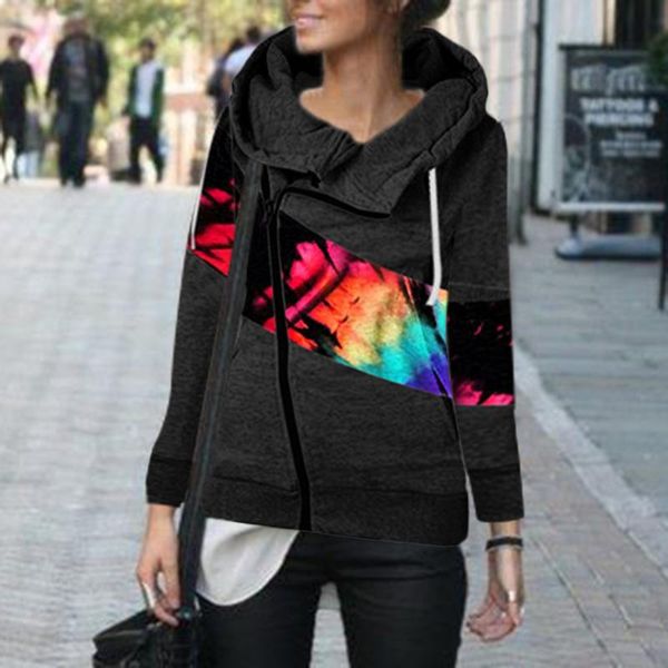 

women's hoodies & sweatshirts patchwork colorful print streetwear zipper loose drawstring pullover long sleeve, Black