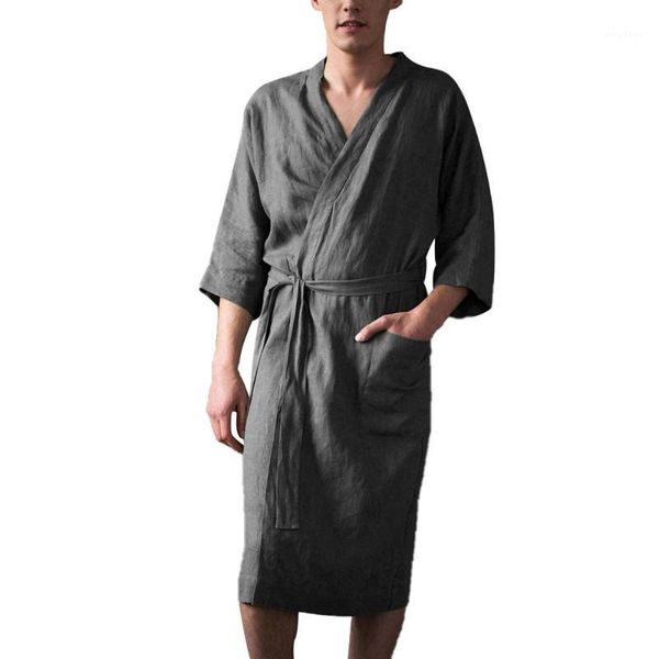 

men's sleepwear plus size half sleeve long bathrobe home clothes with pocket solid color cotton linen pajamas robe for male, Black;brown