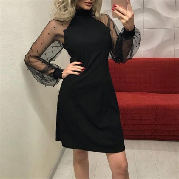 

ladies dresses women see through mesh long sleeve mini dress evening party clothes solid woman clothing casual, Black;gray