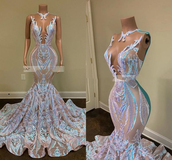 

luxury long sparkly evening dresses 2021 sheer nude o-neck sequin african black girls mermaid prom party gowns, Black;red