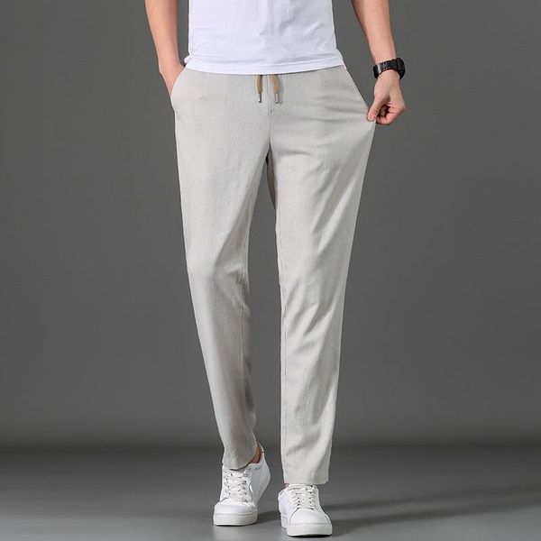 

men's pants linen 50.6% viscose 49.4% men lightweight summer drawstring casual trousers male slim fit straight sweatpants mens joggers, Black
