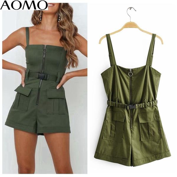 

women's jumpsuits & rompers aomo fashion women vintage solid amy green playsuits adjustable strap zipper ladies with belt ja04a, Black;white