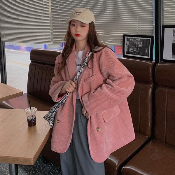 

blazer women double-breasted corduroy solid color suit long-sleeved 2021 winter thick quilted loose jacket coat blaser femme women's su, White;black