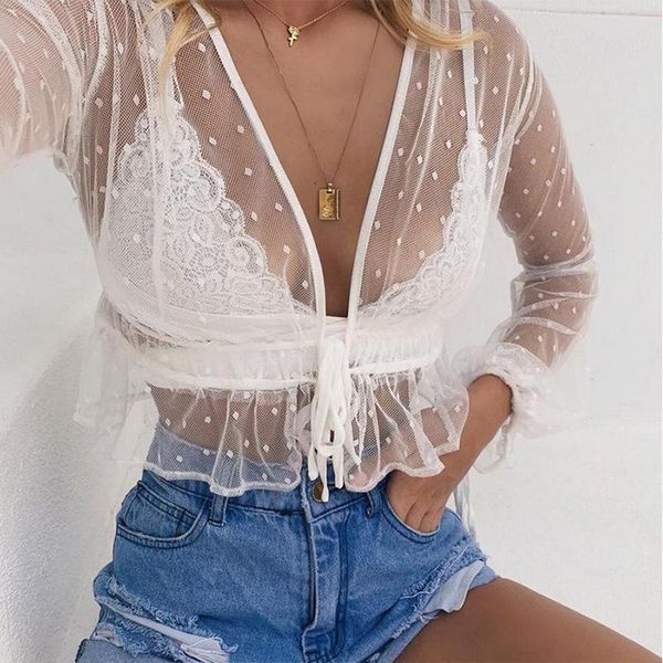 

women's t-shirt fill in trumpet sleeve polka dot cropped with transparent lace summer beachwear elegant v-neck women's, White